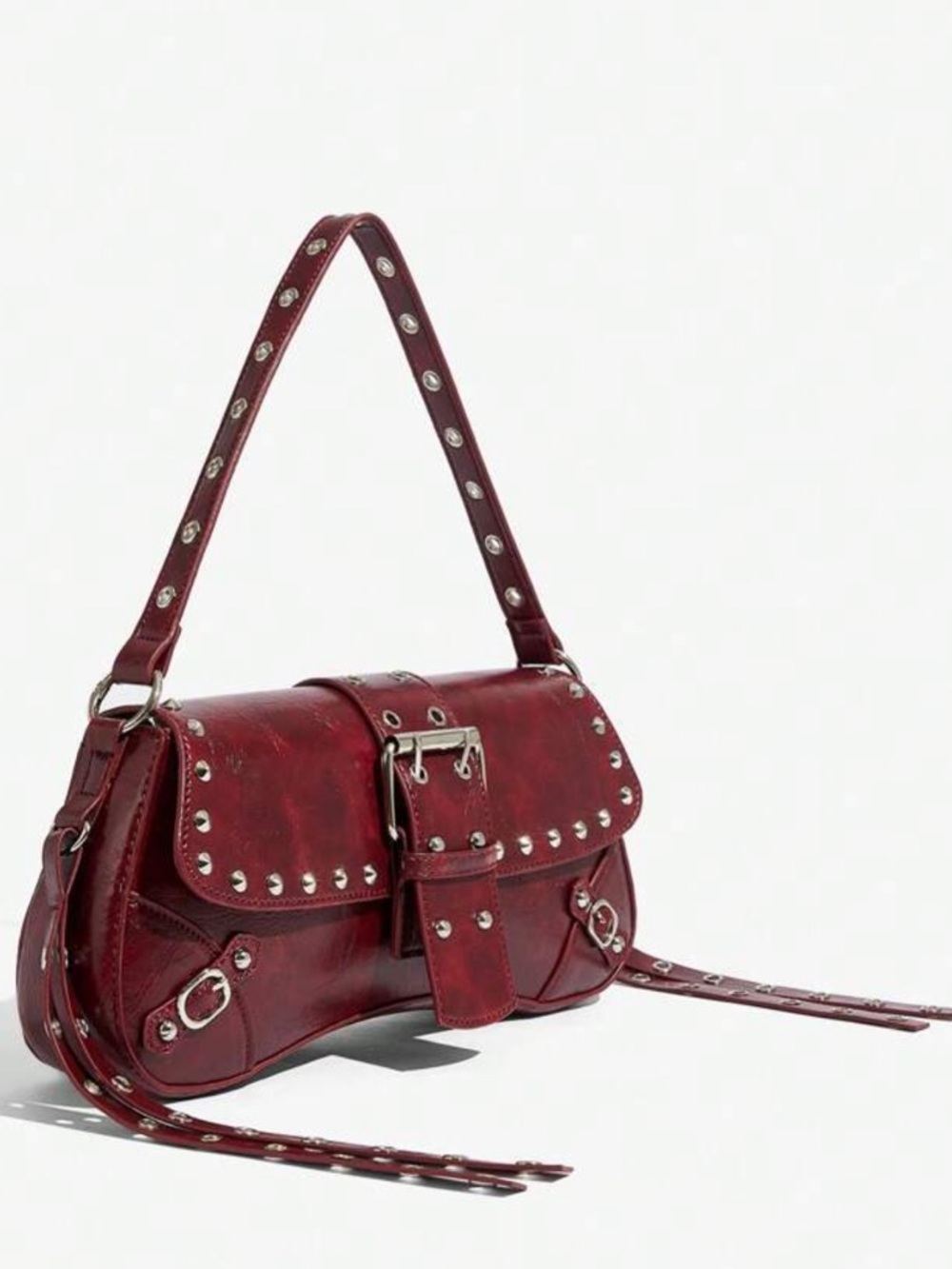 Burgundy Studded Buckle Shoulder Bag – Y2K Vintage Edgy Mini Handbag - Picture 2 of 8